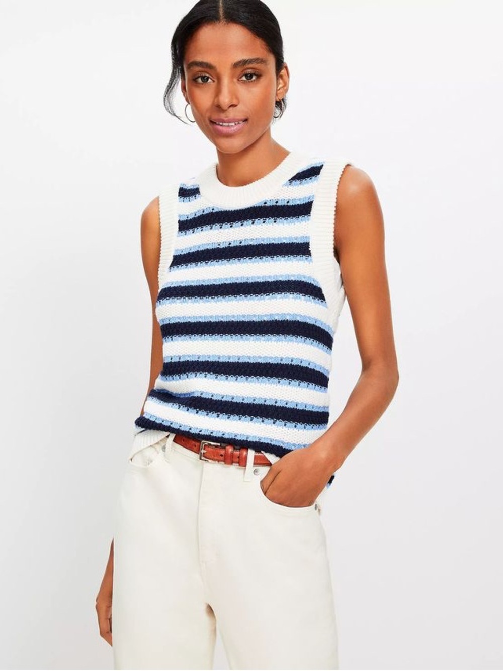 LOFT Women’s Navy, Light Blue & Cream Striped Knit Tank size small